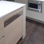 Smeg microwave inside contemporary kitchen - Smeg microwave cabinetry, chest of drawers, countertop, drawer, floor, flooring, furniture, hardwood, home appliance, kitchen, laminate flooring, wood, wood flooring, wood stain, gray