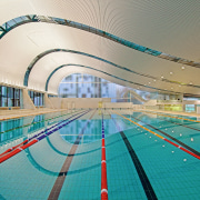 A view of the Ian thorpe Aquatic centre fixed link, leisure, leisure centre, recreation, sport venue, structure, swimming pool, teal, white