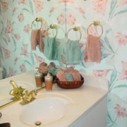 A view of the bathroom before it was bathroom, ceramic, home, interior design, pink, room, table, wall, white, gray