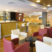 The contemporary upmarket fit-out reflects the stringent quality café, cafeteria, interior design, lobby, restaurant, white, brown