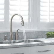 A view of the latest stinless Steel Kohler bathroom sink, countertop, kitchen, plumbing fixture, product design, sink, tap, tile, gray, white