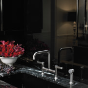 A view of the latest stinless Steel Kohler bathroom, countertop, flooring, glass, interior design, room, sink, table, black