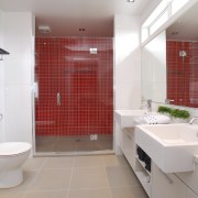 Bright feature wall tiles create a light, contemporary bathroom, floor, home, interior design, property, real estate, room, tile, gray, red