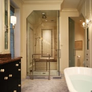 A view of this bathroom designed by Marshall bathroom, ceiling, estate, floor, flooring, home, interior design, room, tile, brown, orange