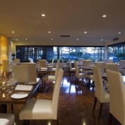 A view of the revamped hotel lounge bar interior design, restaurant, brown