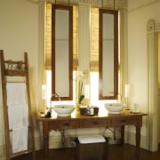 A view of this bathroom featuring polished timber ceiling, curtain, decor, furniture, home, interior design, light fixture, lighting, living room, room, table, window, window blind, window covering, window treatment, wood, brown, orange