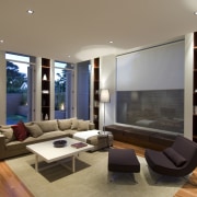 Bifold doors in the main living area lead apartment, architecture, ceiling, house, interior design, living room, real estate, room, window, black, gray, brown