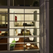 The new Lumiere Residences in central Sydney, designed bookcase, display case, furniture, interior design, shelf, shelving, window, black
