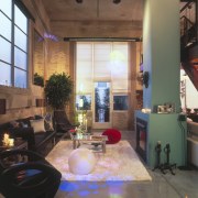 A view of the formal lounge area, concrete home, house, interior design, living room, lobby, loft, real estate, room, window, black