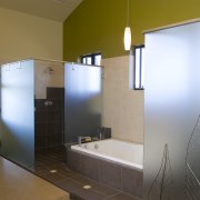 A view of this bathroom featuring tiled flooring, architecture, bathroom, daylighting, home, house, interior design, real estate, room, brown