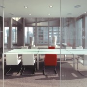 Interior view of Lloyd's Reinsurance Co. featuring stone conference hall, floor, furniture, glass, interior design, office, table, gray