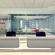 Interior view of Lloyd's Reinsurance Co. featuring stone daylighting, glass, interior design, lobby, office, gray, white