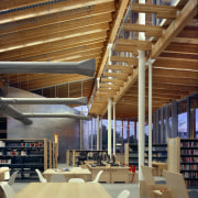 View of the Ballard Library and Neighborhood Service architecture, beam, ceiling, daylighting, institution, interior design, wood, brown