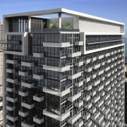 A view of an apartemtn complex developed by apartment, architecture, brutalist architecture, building, city, commercial building, condominium, corporate headquarters, facade, headquarters, metropolis, metropolitan area, mixed use, real estate, residential area, skyscraper, tower block, black