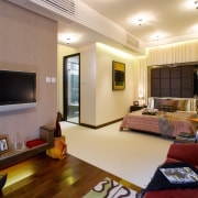 A view of the master bedroom, wooden flooring ceiling, interior design, living room, real estate, room, suite, orange