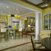 View of the kitchen, limestone floor, lights, columns, ceiling, dining room, estate, furniture, home, interior design, living room, lobby, real estate, room, window, brown, gray