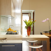 A view of the kitchen, Stone Benchtop, Stainless countertop, furniture, home, interior design, kitchen, room, table, orange, white