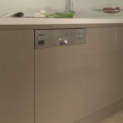 The Miele G975 i intergrated dishwasher can accommodate bathroom accessory, bathroom cabinet, cabinetry, chest of drawers, countertop, drawer, furniture, home appliance, kitchen, kitchen appliance, major appliance, product, product design, sideboard, sink, brown, gray