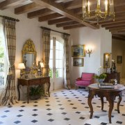 View of entrance hall, ceiling beams, drapes, marble ceiling, estate, hacienda, interior design, living room, property, real estate, room, brown, gray