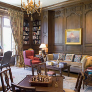 View of library, antique wall panelling from France, furniture, home, interior design, living room, real estate, room, window, brown