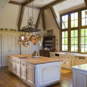 View of the kitchen, custom iron pot hanger cabinetry, ceiling, countertop, cuisine classique, estate, home, interior design, kitchen, real estate, room, window, gray, brown