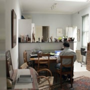 View of kitchen and dining area prior to furniture, home, house, interior design, living room, room, table, gray