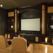 Lacewood and cherry feature in the theater. - ceiling, entertainment, hardwood, home, home cinema, interior design, living room, room, wall, wood flooring, brown, black