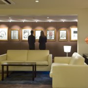 A view of the revamped hotel lounge bar ceiling, furniture, interior design, living room, lobby, room, waiting room, brown