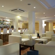 A view of the revamped hotel lounge bar café, ceiling, function hall, interior design, lobby, restaurant, brown, gray