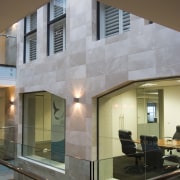 Boutique Offices overlooking the void feature Nebulites Export architecture, building, daylighting, facade, glass, home, house, interior design, window, gray, brown