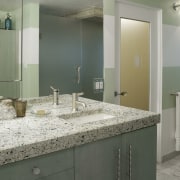 A view of some vanities from vetrazzo. - bathroom, countertop, floor, glass, home, interior design, room, sink, tile, wall, gray