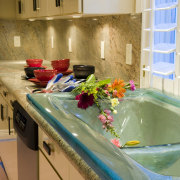 A view of this kitchen featuring featuring vitramax bathroom, countertop, interior design, kitchen, room, sink, table, brown