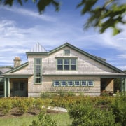 Exterior view of the house, shingle siding, shinlge cottage, elevation, estate, facade, farmhouse, home, house, land lot, landscape, property, real estate, residential area, roof, siding, sky, suburb, teal, brown