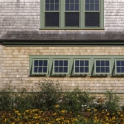 Exterior view of the house, shingle siding, shinlge architecture, brick, building, facade, home, house, residential area, siding, wall, window, gray