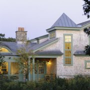 Exterior view of the house, shingle siding, shinlge architecture, building, cottage, estate, facade, farmhouse, historic house, home, house, mansion, outdoor structure, property, real estate, residential area, roof, villa, window, white