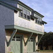 Exterior view of the house, shingle siding, shinlge building, elevation, facade, home, house, property, real estate, residential area, roof, siding, window, teal