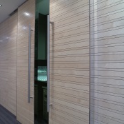 Timber slats, veneer panels and polyurethane were installed architecture, ceiling, daylighting, door, facade, floor, glass, interior design, wall, wood, gray