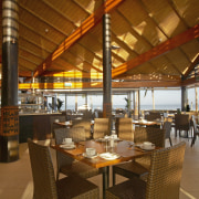 Inside the beach resturant, Fijian patterns and materials resort, restaurant, brown