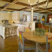 A view of the kitchen, dining and living ceiling, dining room, estate, home, interior design, kitchen, living room, real estate, room, table, brown, orange