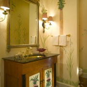 Hand-painted botanical drawings on the walls enliven the bathroom, furniture, home, interior design, room, wall, brown, orange