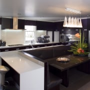 A view of the kitchen area, tiled floors, cabinetry, countertop, cuisine classique, interior design, kitchen, room, gray, black