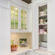 View of kitchen designed by architect Gary McFarlane cabinetry, countertop, cuisine classique, home, home appliance, interior design, kitchen, refrigerator, room, shelf, shelving, window, white