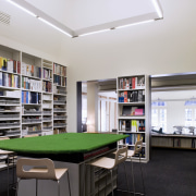 Interior view of offices featuring frosted glass doors, institution, interior design, gray