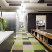 Interior view of offices featuring frosted glass doors, architecture, interior design, gray, black