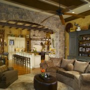 Distressed cypress beams and stone columns and arches ceiling, estate, home, interior design, living room, lobby, real estate, room, brown