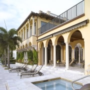 View of outdoor area, pool, wrought iron outdoor building, estate, property, real estate, villa, window, white