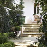 outdoor view of entrance way showing stairs leading backyard, courtyard, estate, garden, home, house, landscaping, outdoor structure, patio, porch, property, real estate, walkway, yard, brown, gray