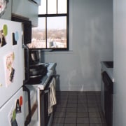 view of kitchen and living area before renovations interior design, kitchen, property, real estate, room, gray