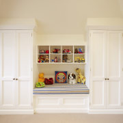 View of cabinetry by Scullery &amp; Holz - bookcase, cabinetry, furniture, home, interior design, room, shelf, shelving, white, orange