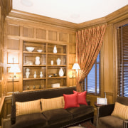 view of a small den featuring wood paneling ceiling, home, interior design, living room, room, suite, window, wood, brown, orange, white